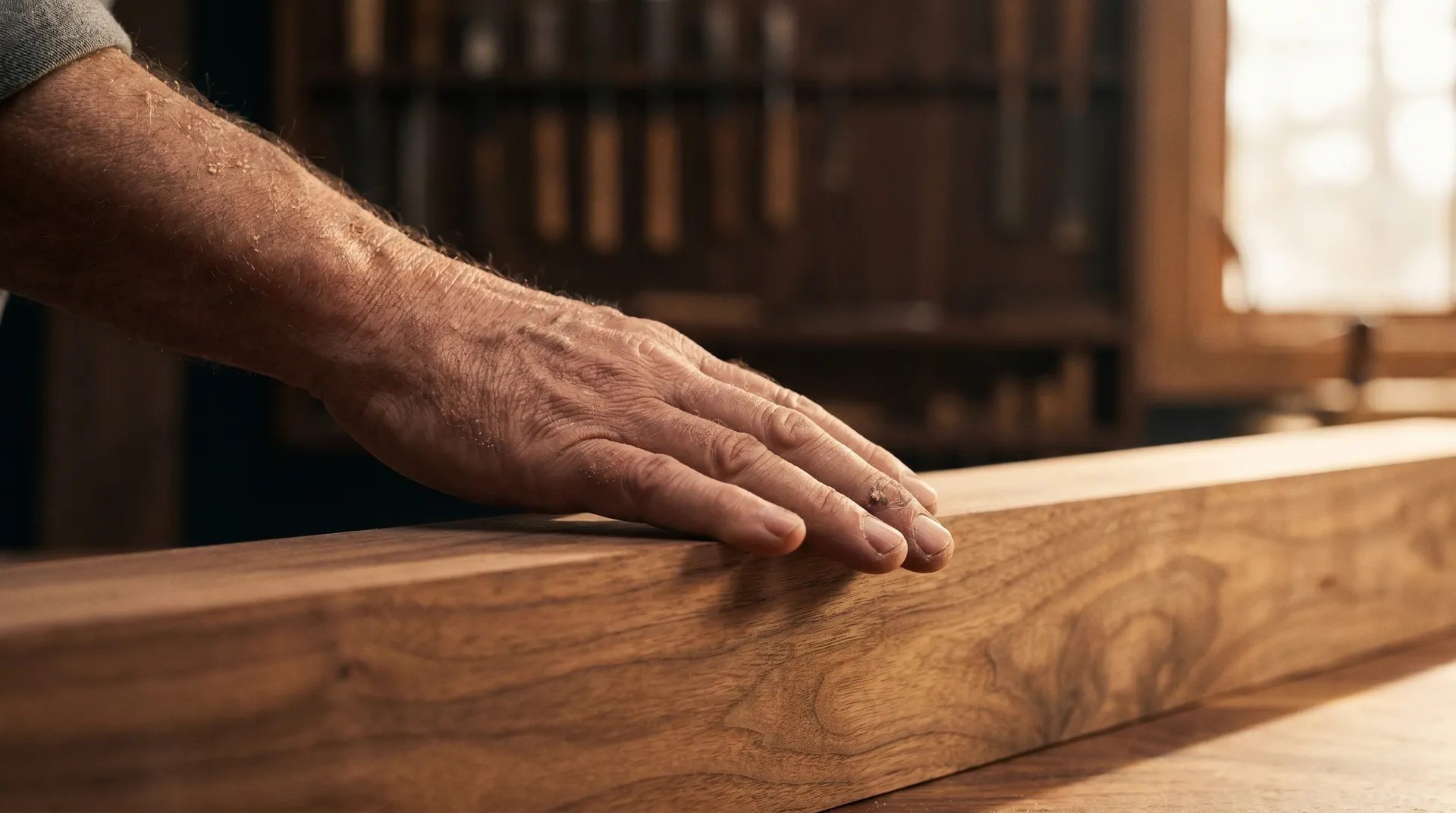 Main du menuisier sur une planche de noyer poli