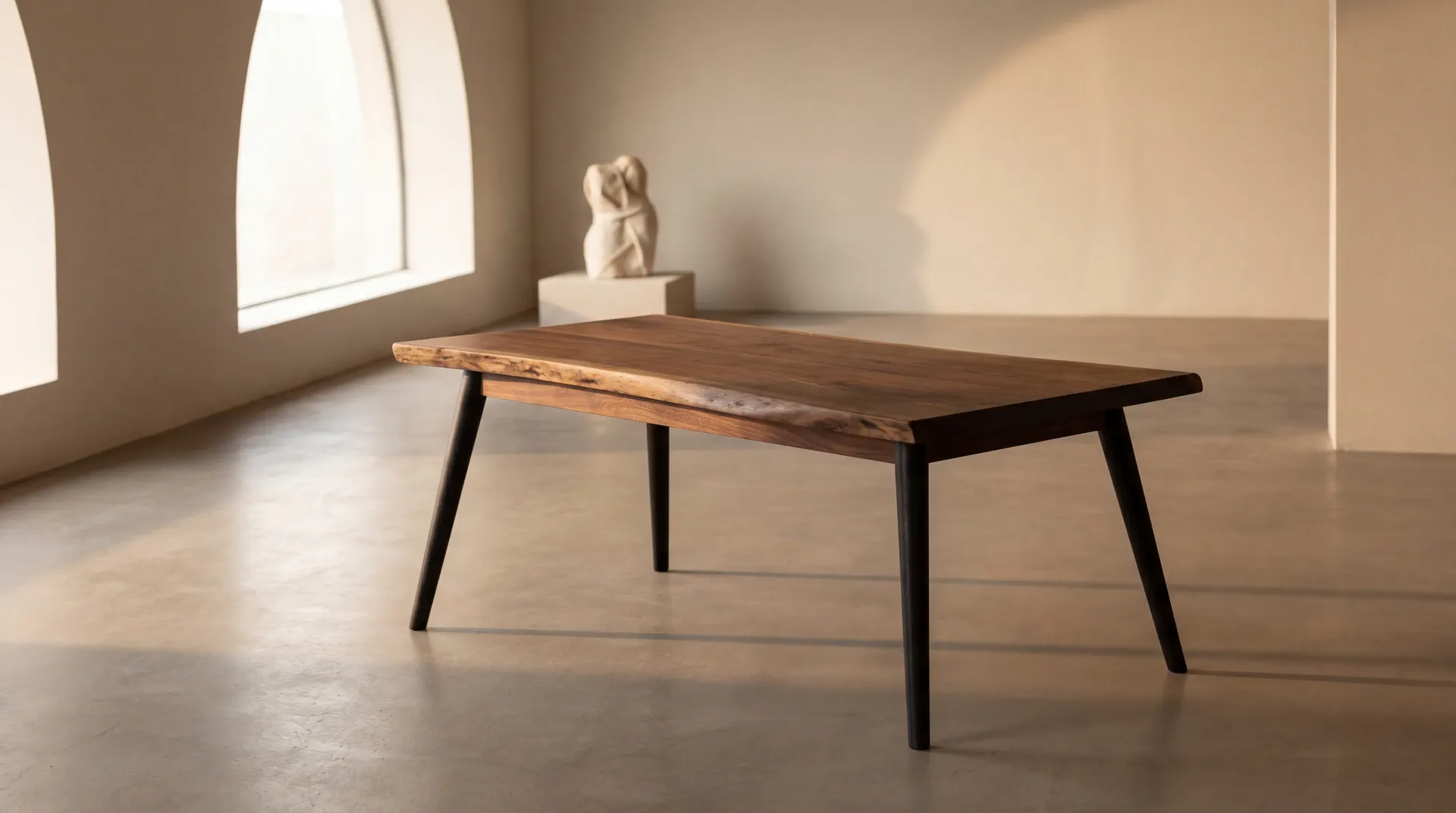 Table basse en noyer à bord vivant, piétement noir effilé, dans la salle d'exposition