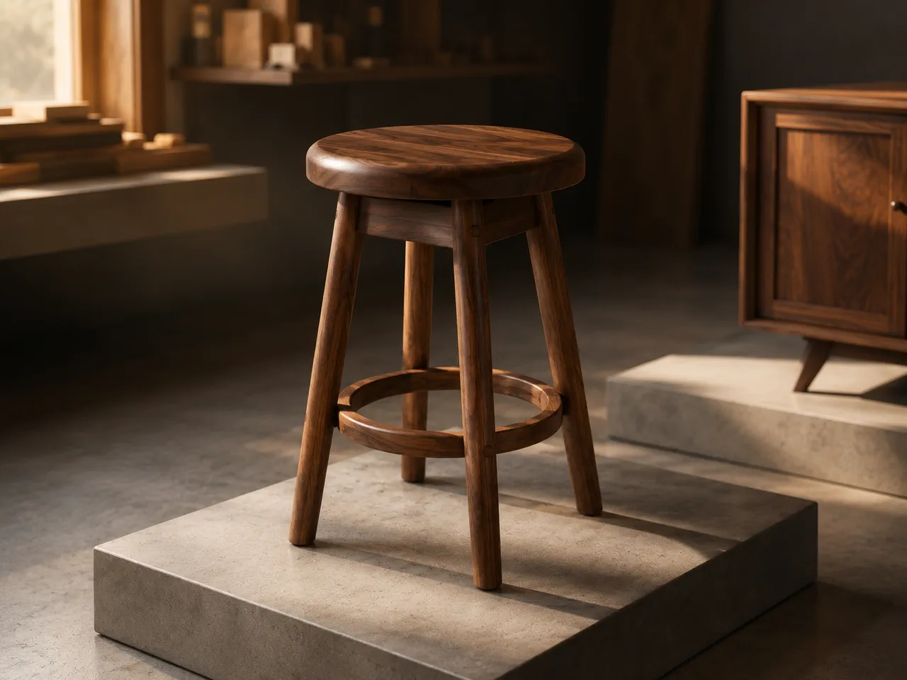 Tabouret Nova en noyer européen — vue assemblée